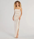 Sheath Pleated Neck Strapless Back Zip Floor-Length Ruched Prom Dresses with High side slit