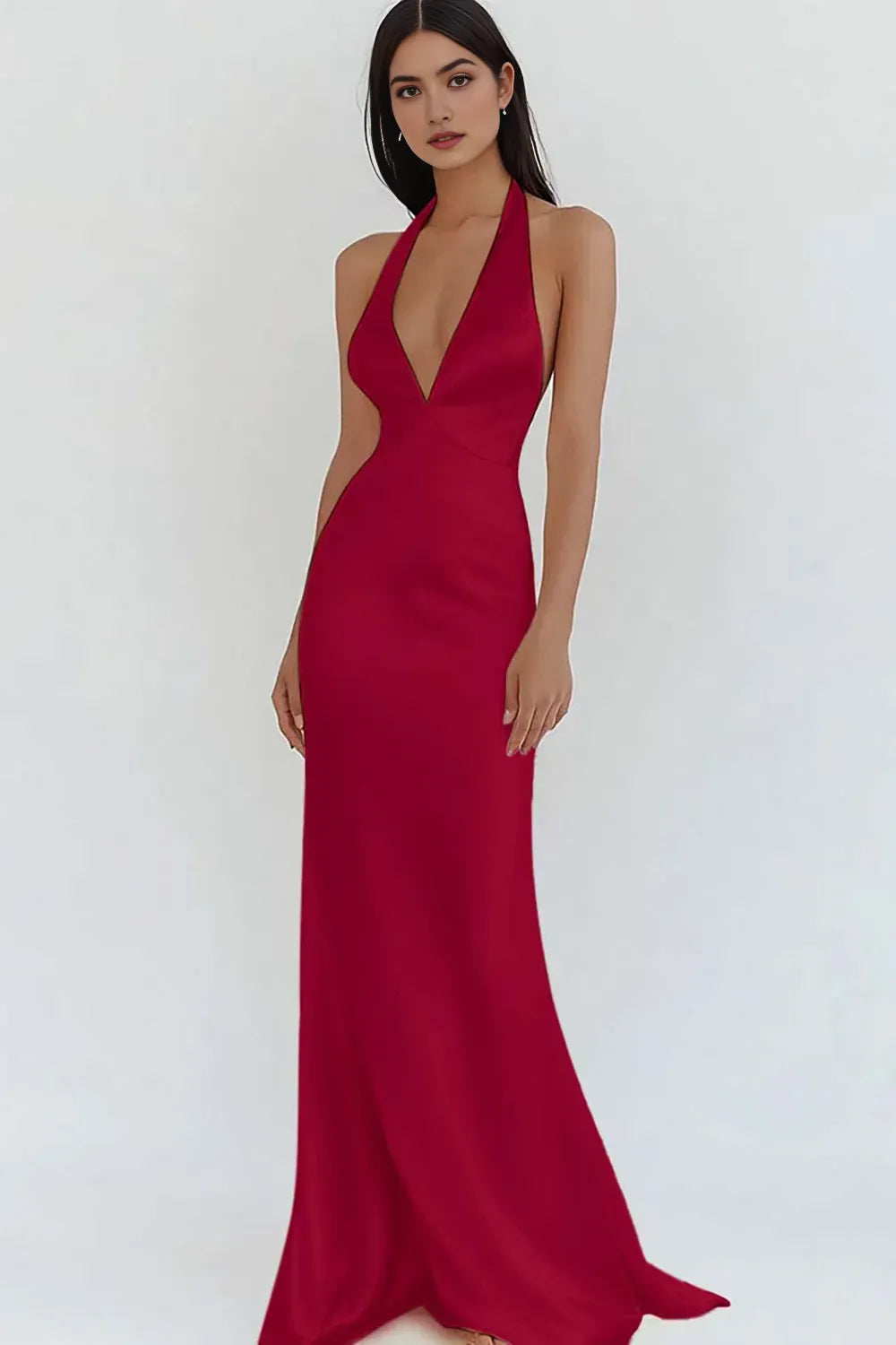 Sheath Halter Neck Deep V-Neck Sleeveless Open-Back Floor-Length Prom Dresses