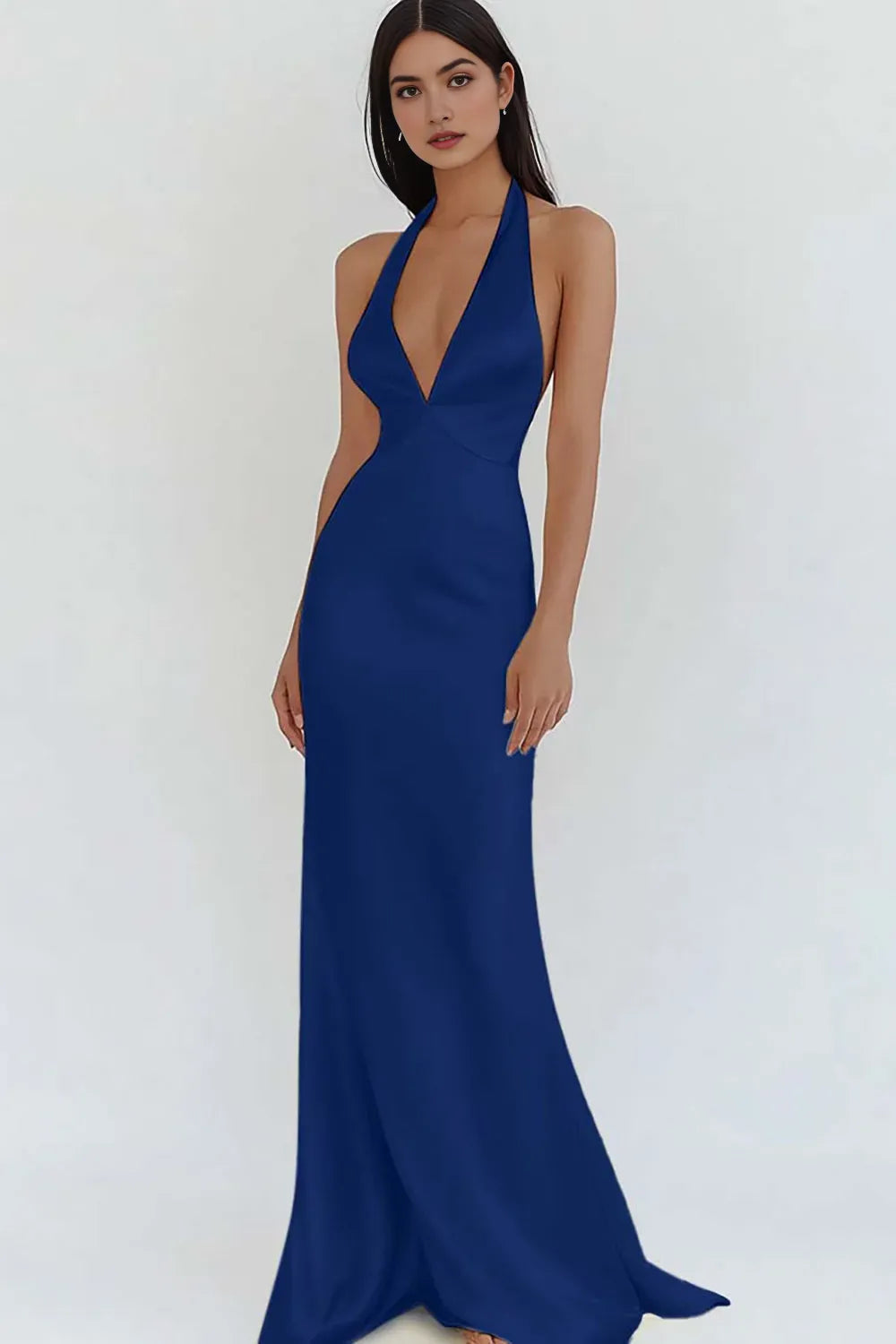 Sheath Halter Neck Deep V-Neck Sleeveless Open-Back Floor-Length Prom Dresses