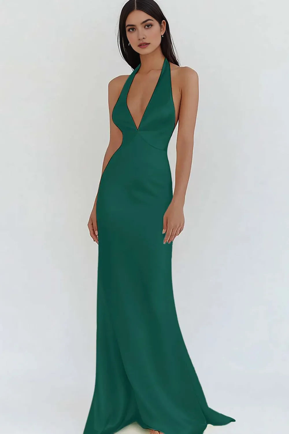 Sheath Halter Neck Deep V-Neck Sleeveless Open-Back Floor-Length Prom Dresses