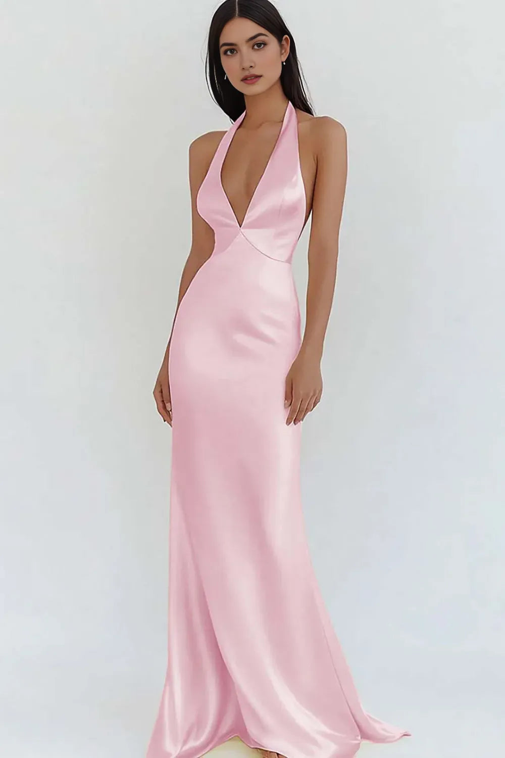 Sheath Halter Neck Deep V-Neck Sleeveless Open-Back Floor-Length Prom Dresses