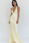 Sheath Halter Neck Deep V-Neck Sleeveless Open-Back Floor-Length Prom Dresses