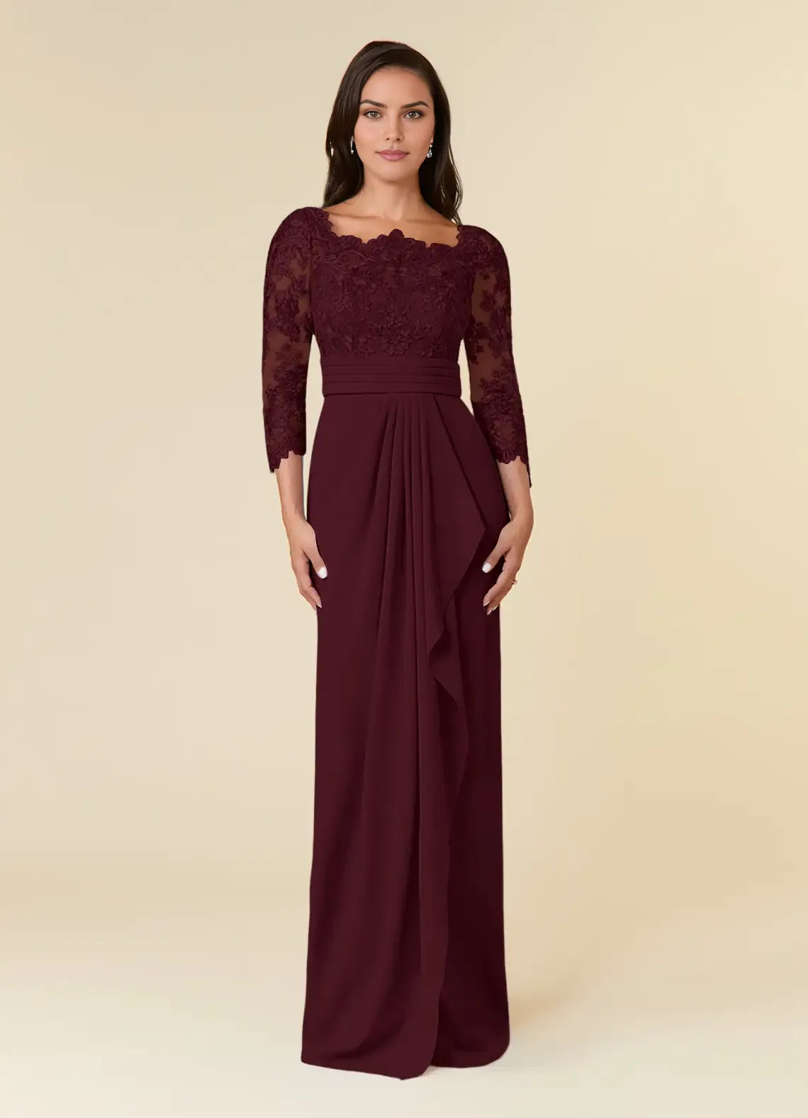Sheath Scoop-Neck Three-Quarter Sleeve Zip-Back Floor-Length Formal Mother of the Bride Dress