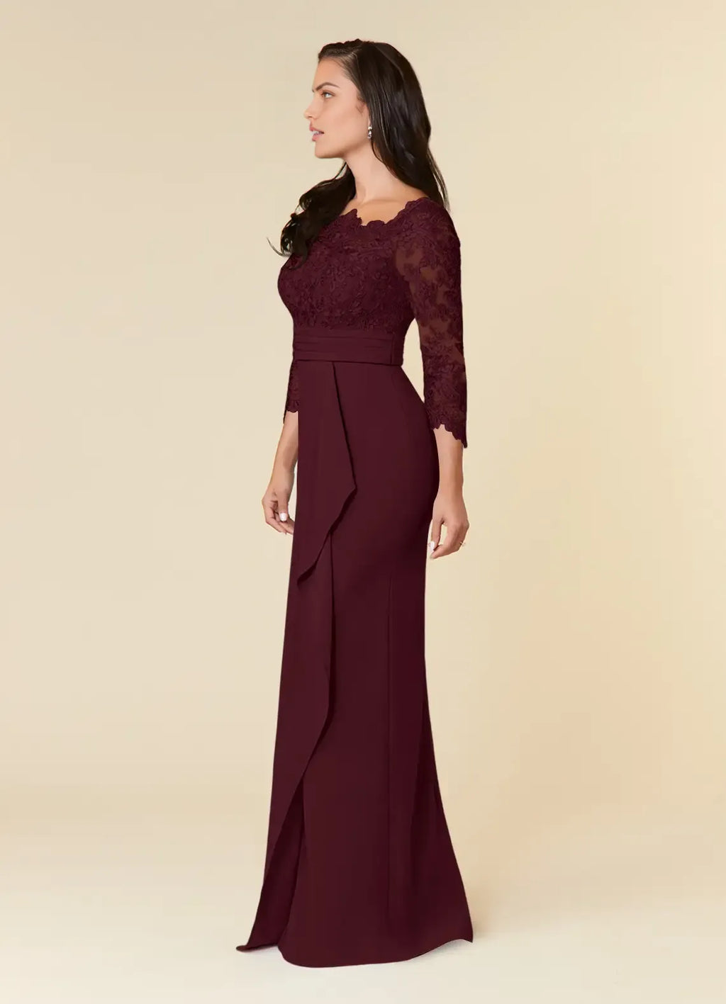 Sheath Scoop-Neck Three-Quarter Sleeve Zip-Back Floor-Length Formal Mother of the Bride Dress