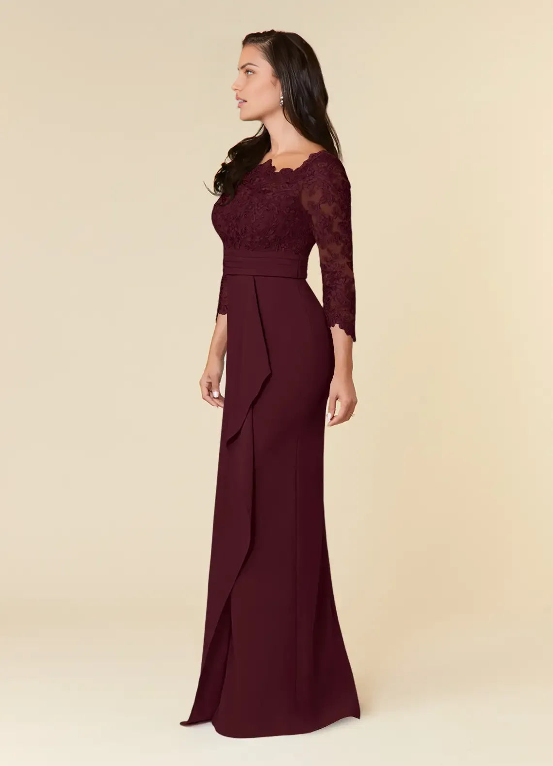 Sheath Scoop-Neck Three-Quarter Sleeve Zip-Back Floor-Length Formal Mother of the Bride Dress