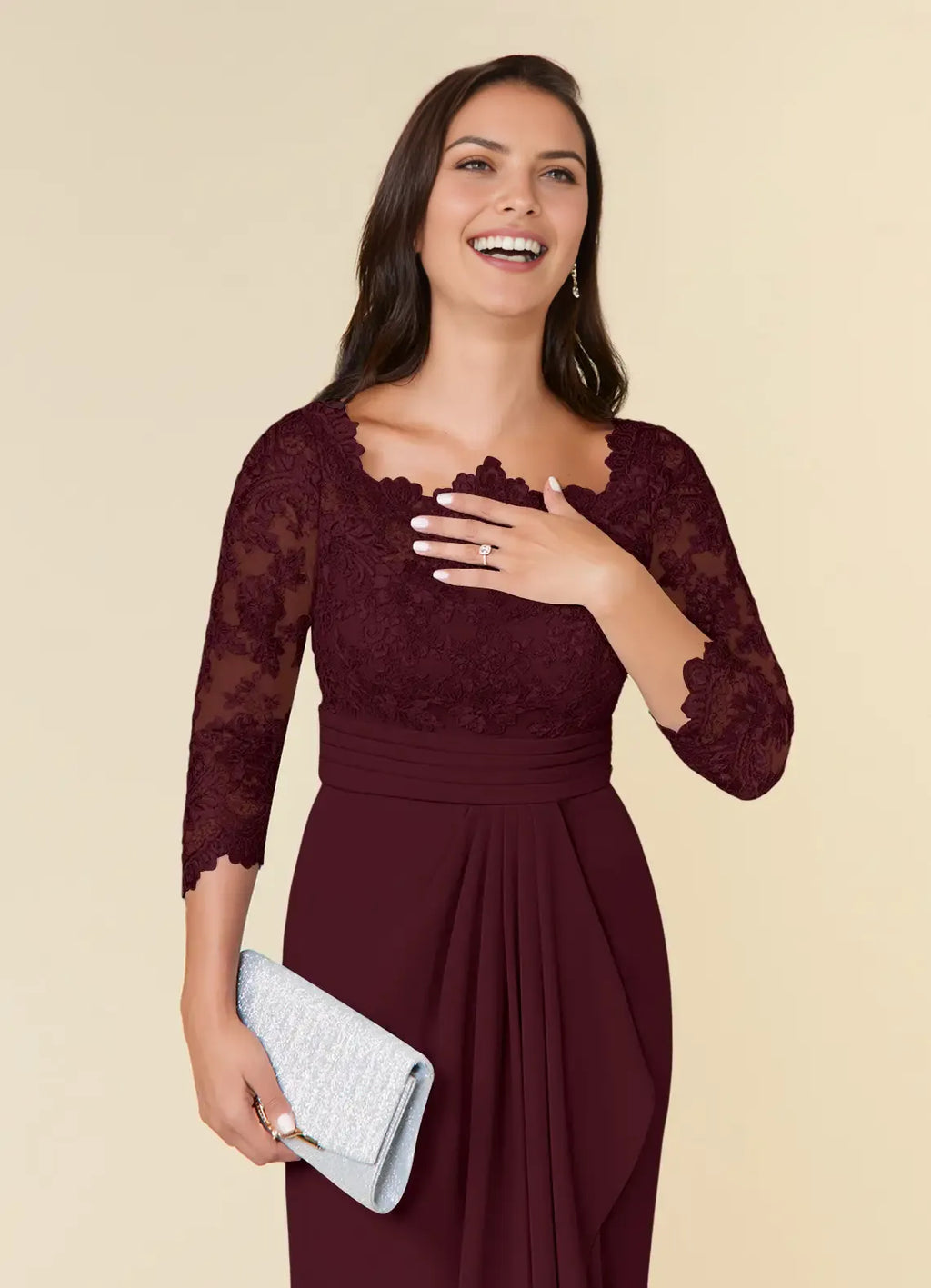 Sheath Scoop-Neck Three-Quarter Sleeve Zip-Back Floor-Length Formal Mother of the Bride Dress