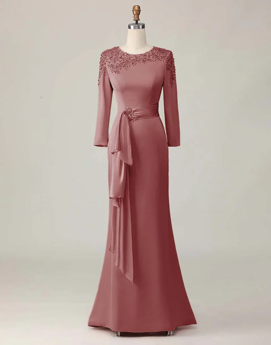 Elegant Blush Pink Sheath Scoop Neck Long Sleeve Floor-Length Mother of the Bride Dress