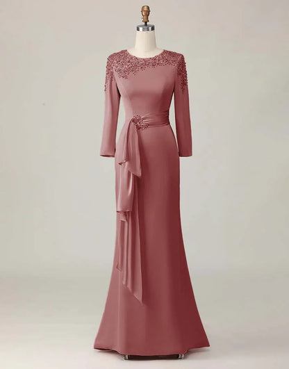 Elegant Blush Pink Sheath Scoop Neck Long Sleeve Floor-Length Mother of the Bride Dress