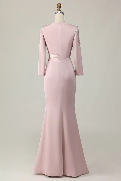 Elegant Blush Pink Sheath Scoop Neck Long Sleeve Floor-Length Mother of the Bride Dress