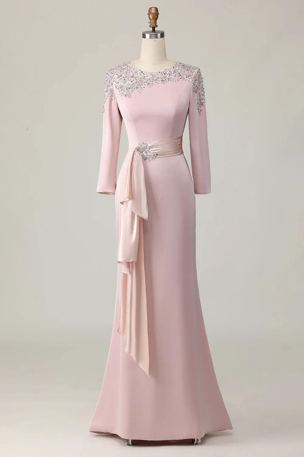Elegant Blush Pink Sheath Scoop Neck Long Sleeve Floor-Length Mother of the Bride Dress