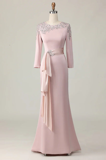 Elegant Blush Pink Sheath Scoop Neck Long Sleeve Floor-Length Mother of the Bride Dress