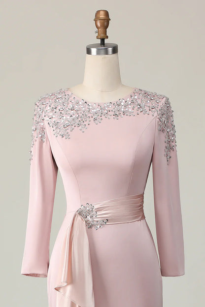 Elegant Blush Pink Sheath Scoop Neck Long Sleeve Floor-Length Mother of the Bride Dress