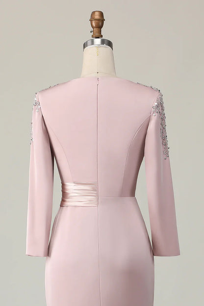 Elegant Blush Pink Sheath Scoop Neck Long Sleeve Floor-Length Mother of the Bride Dress