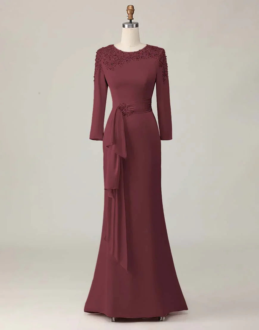 Elegant Blush Pink Sheath Scoop Neck Long Sleeve Floor-Length Mother of the Bride Dress