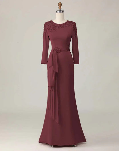 Elegant Blush Pink Sheath Scoop Neck Long Sleeve Floor-Length Mother of the Bride Dress