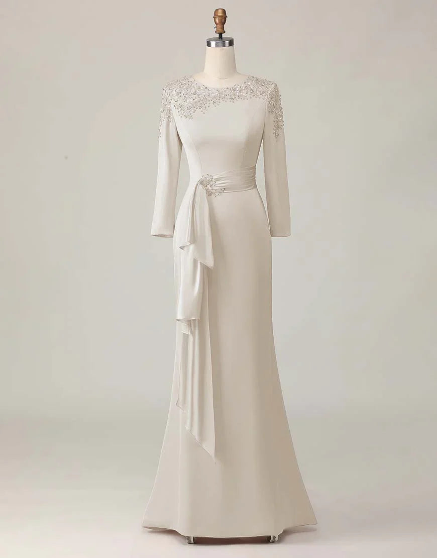 Elegant Blush Pink Sheath Scoop Neck Long Sleeve Floor-Length Mother of the Bride Dress
