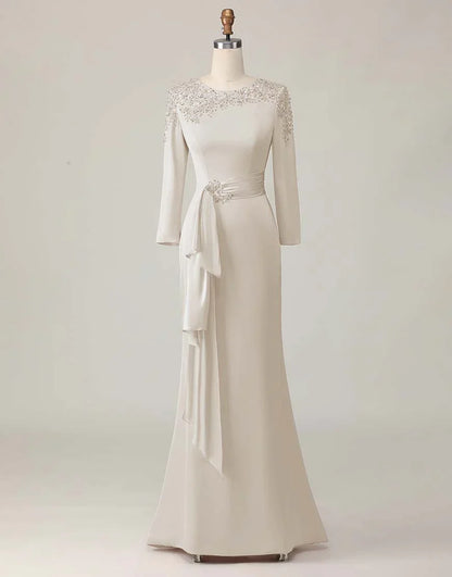 Elegant Blush Pink Sheath Scoop Neck Long Sleeve Floor-Length Mother of the Bride Dress