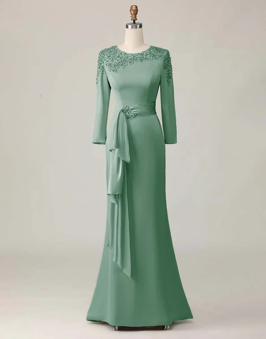 Elegant Blush Pink Sheath Scoop Neck Long Sleeve Floor-Length Mother of the Bride Dress