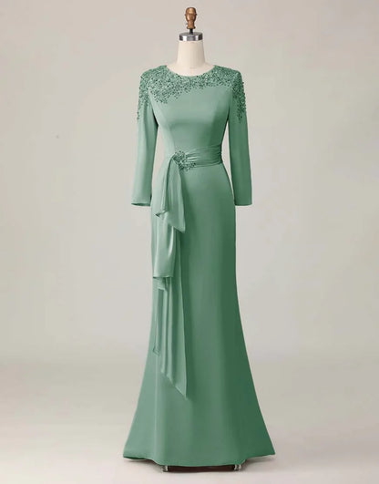 Elegant Blush Pink Sheath Scoop Neck Long Sleeve Floor-Length Mother of the Bride Dress