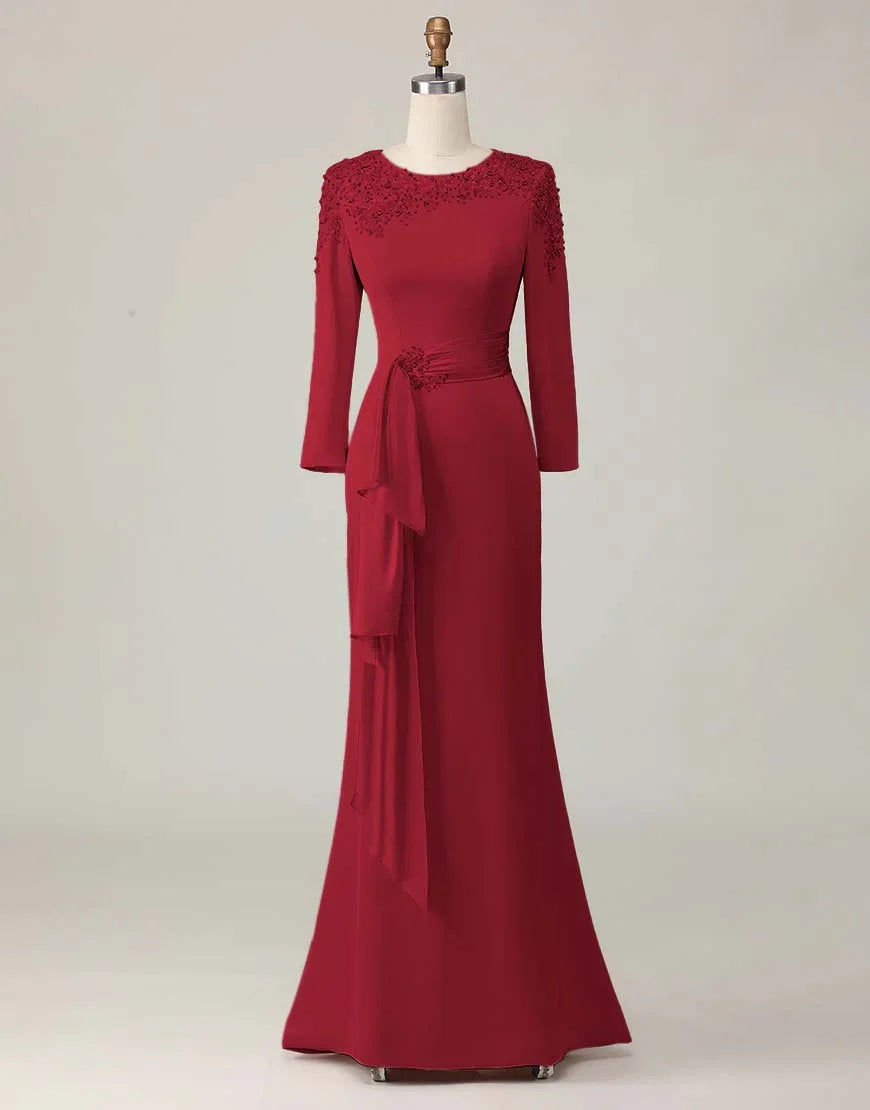 Elegant Blush Pink Sheath Scoop Neck Long Sleeve Floor-Length Mother of the Bride Dress