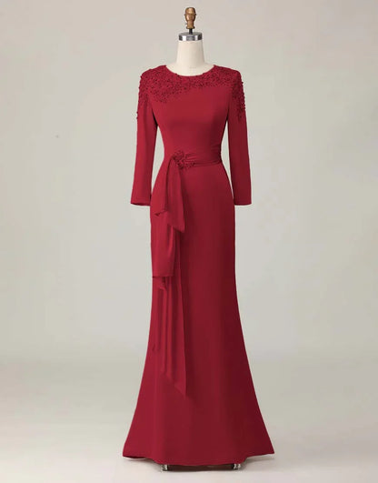 Elegant Blush Pink Sheath Scoop Neck Long Sleeve Floor-Length Mother of the Bride Dress
