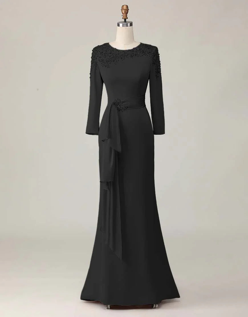 Elegant Blush Pink Sheath Scoop Neck Long Sleeve Floor-Length Mother of the Bride Dress