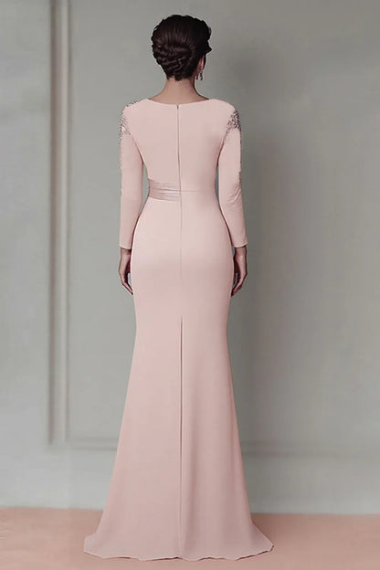 Elegant Blush Pink Sheath Scoop Neck Long Sleeve Floor-Length Mother of the Bride Dress