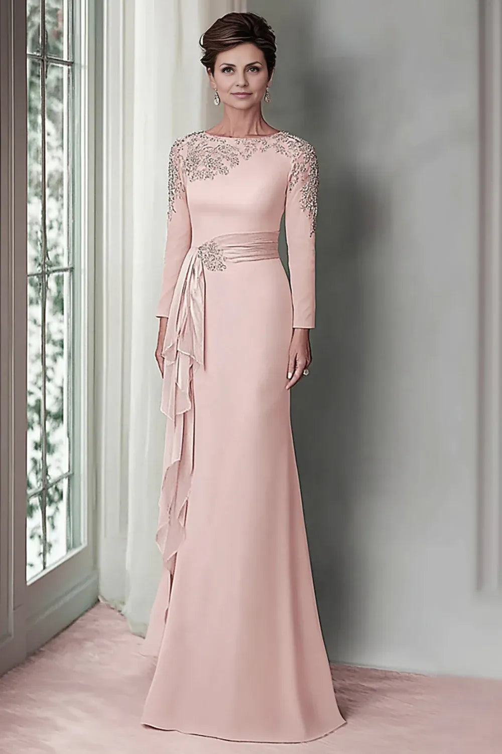 Elegant Blush Pink Sheath Scoop Neck Long Sleeve Floor-Length Mother of the Bride Dress