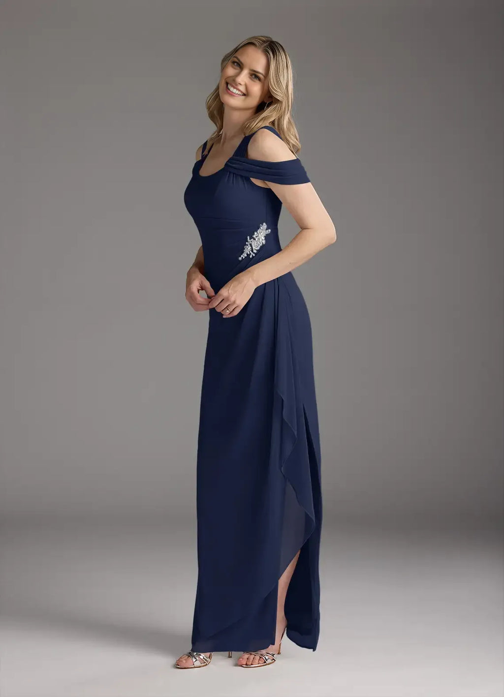 Sheath Square-Neck Off-The-Shoulder Cold Shoulder Sleeve Back Zip Floor-Length Mother of the Bride Dress