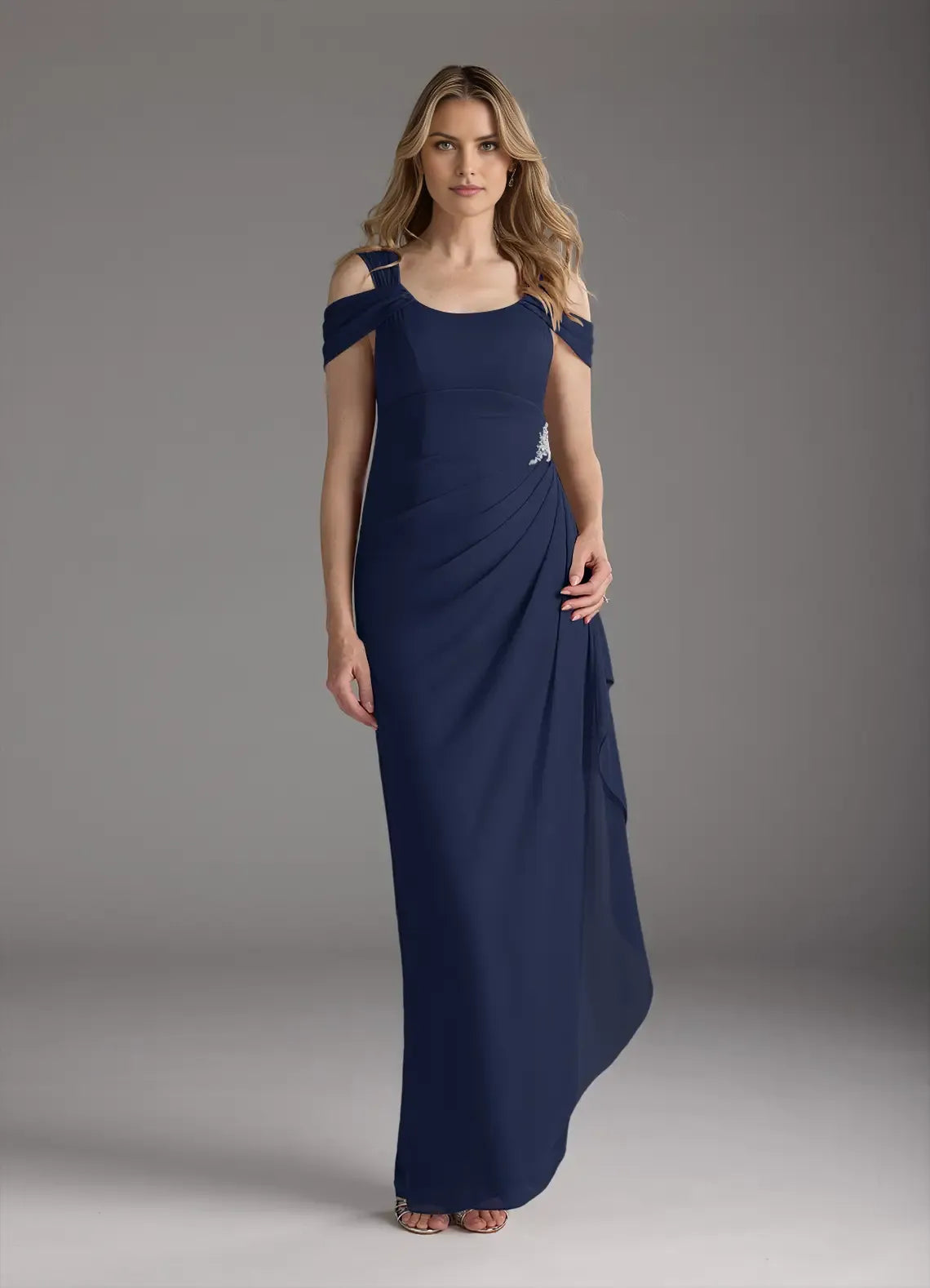 Sheath Square-Neck Off-The-Shoulder Cold Shoulder Sleeve Back Zip Floor-Length Mother of the Bride Dress