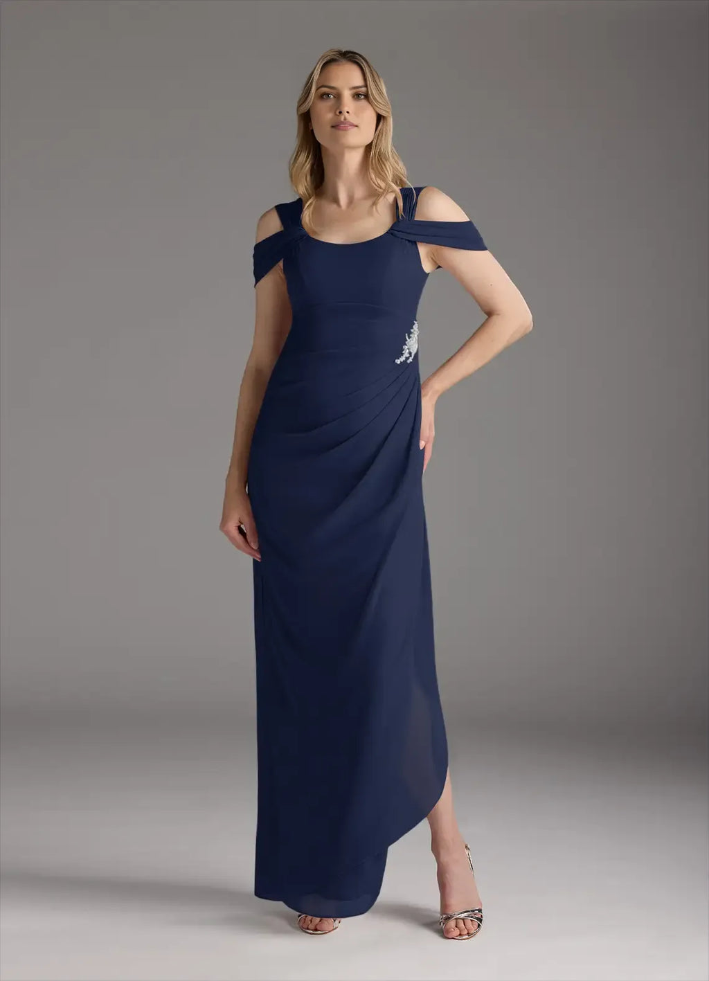 Sheath Square-Neck Off-The-Shoulder Cold Shoulder Sleeve Back Zip Floor-Length Mother of the Bride Dress