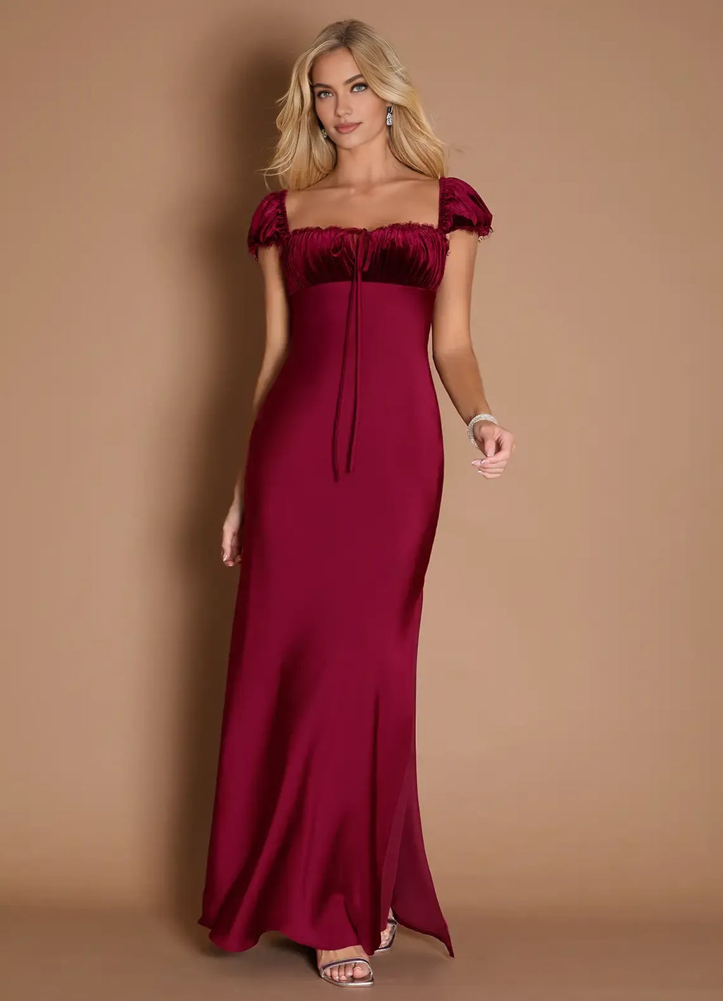 Beautiful Timeless Elegant Burgundy Satin Sheath Square Neck Backless Floor-Length Evening Dress