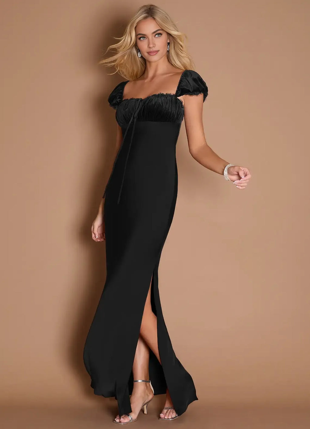 Beautiful Timeless Elegant Burgundy Satin Sheath Square Neck Backless Floor-Length Evening Dress