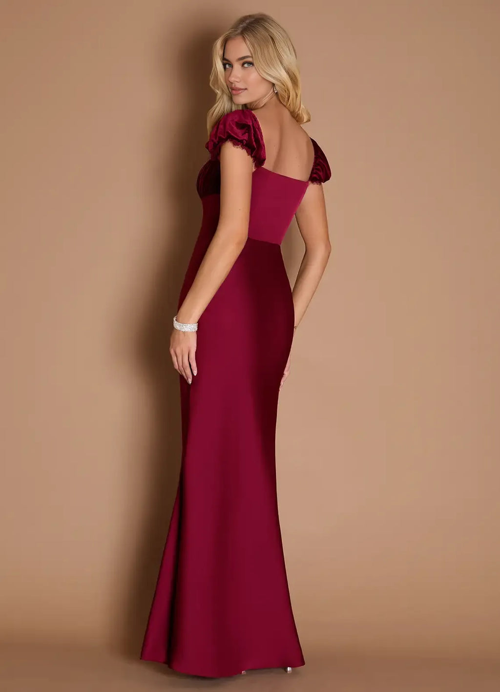Beautiful Timeless Elegant Burgundy Satin Sheath Square Neck Backless Floor-Length Evening Dress
