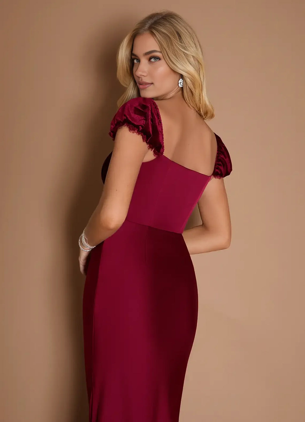 Beautiful Timeless Elegant Burgundy Satin Sheath Square Neck Backless Floor-Length Evening Dress