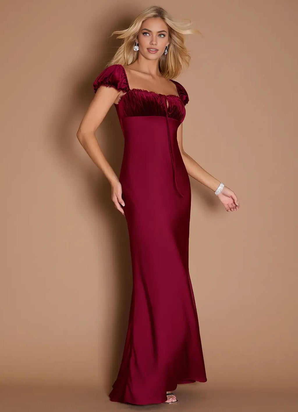 Beautiful Timeless Elegant Burgundy Satin Sheath Square Neck Backless Floor-Length Evening Dress