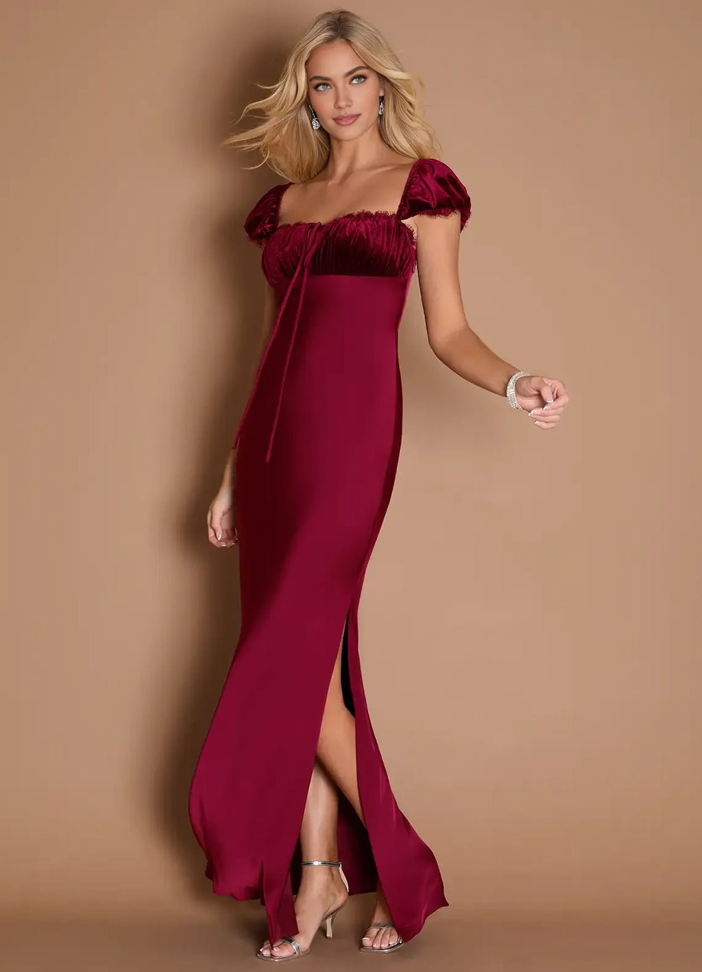 Beautiful Timeless Elegant Burgundy Satin Sheath Square Neck Backless Floor-Length Evening Dress
