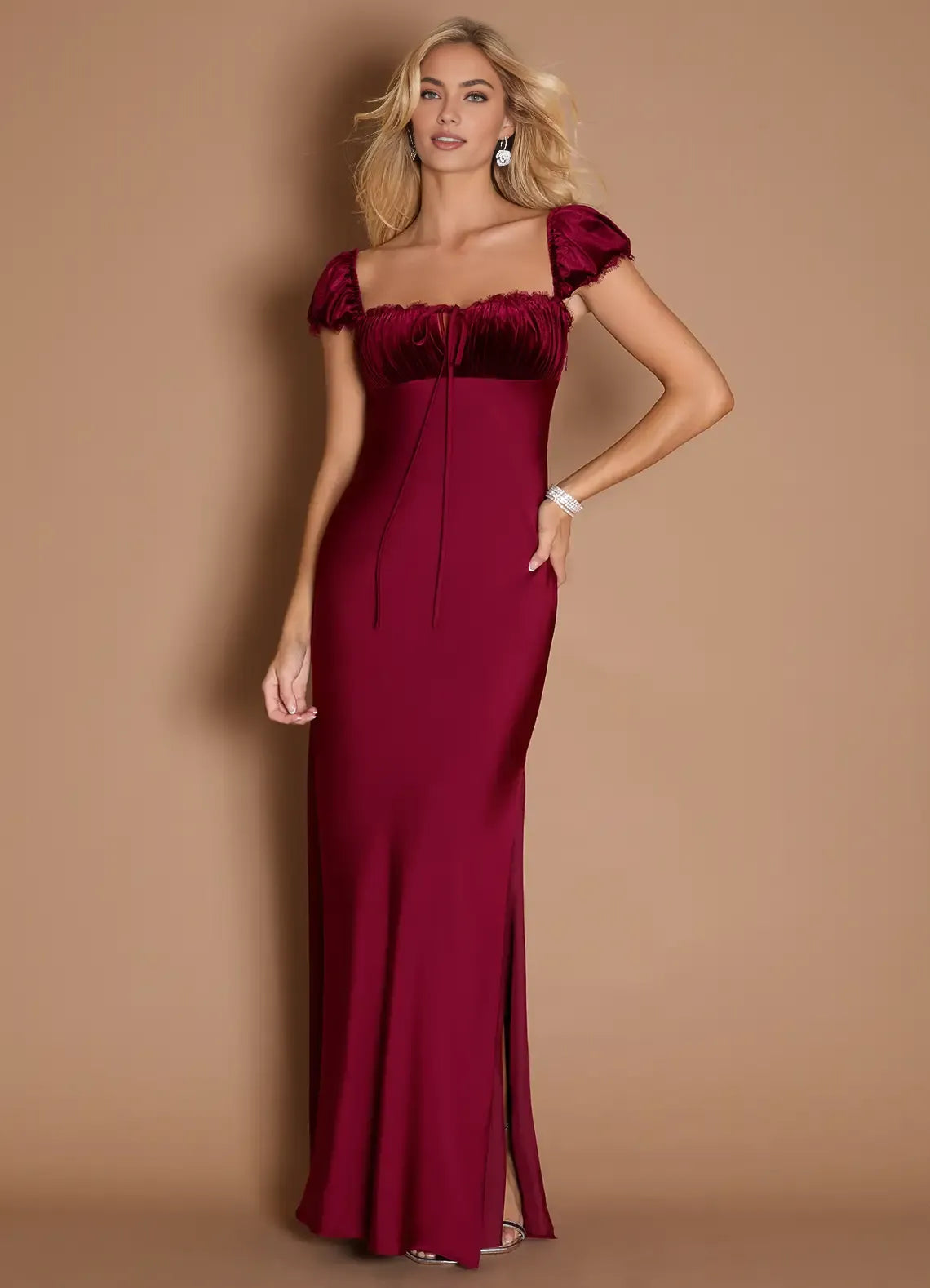Beautiful Timeless Elegant Burgundy Satin Sheath Square Neck Backless Floor-Length Evening Dress