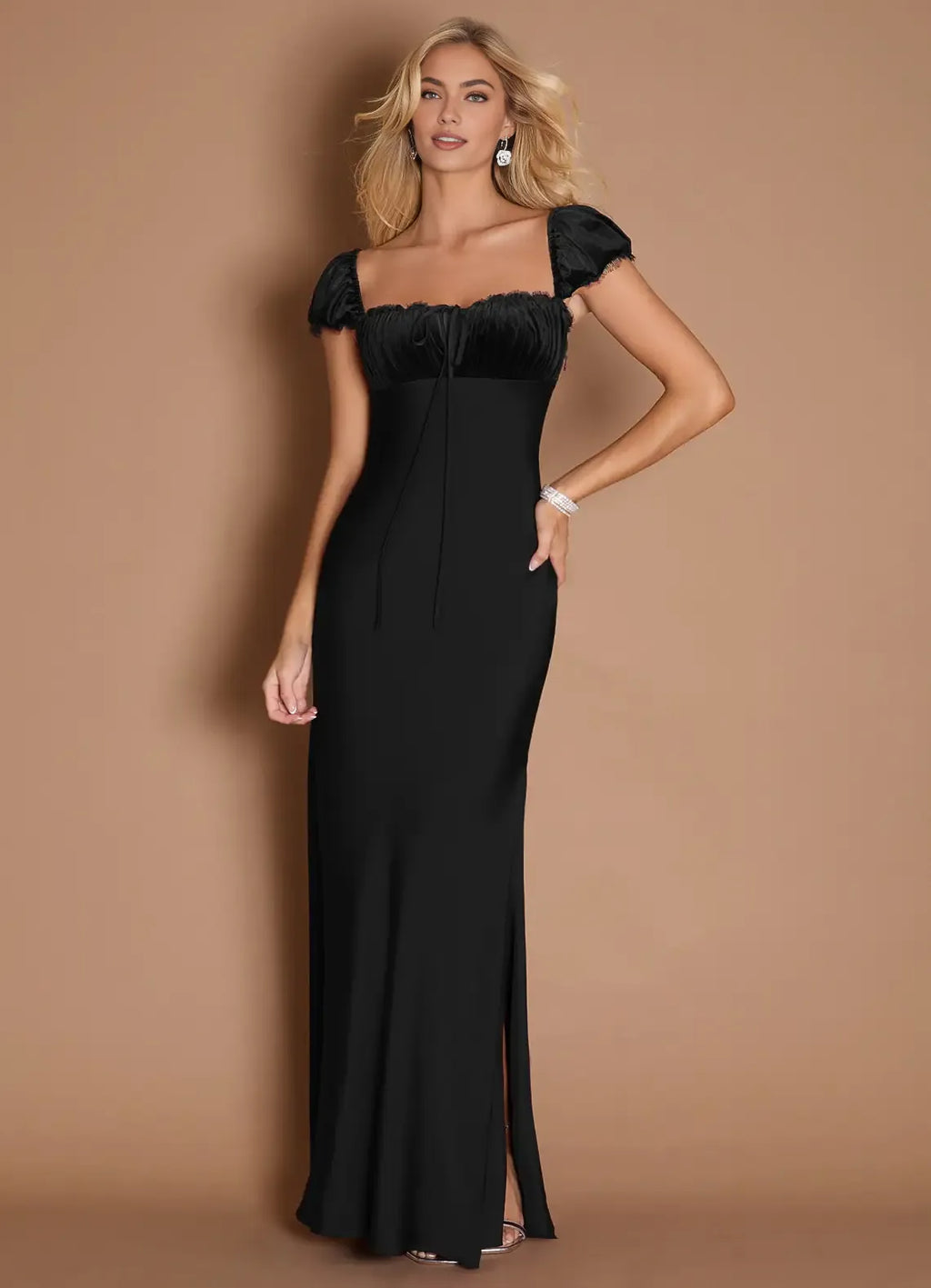 Beautiful Timeless Elegant Burgundy Satin Sheath Square Neck Backless Floor-Length Evening Dress