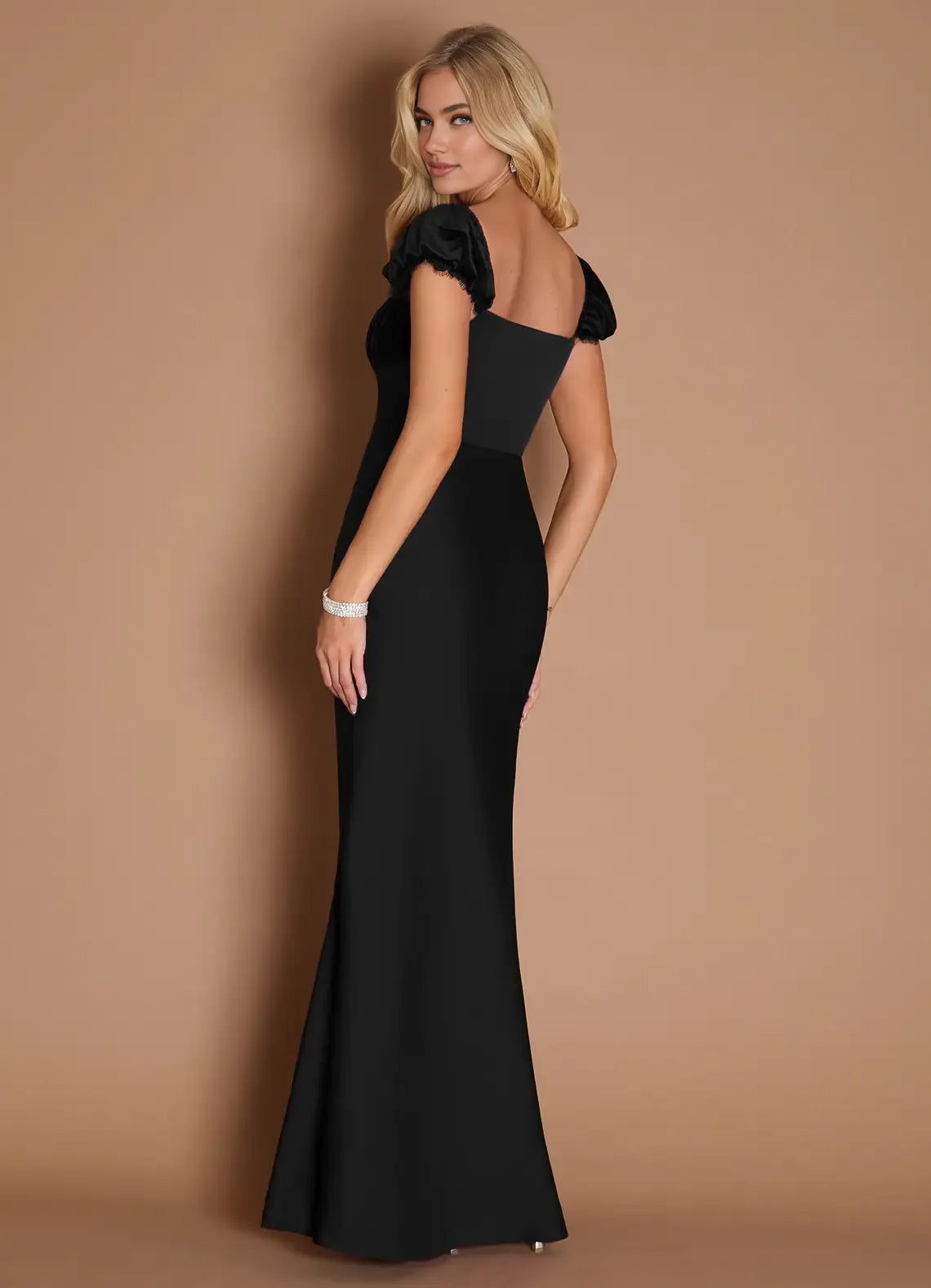 Beautiful Timeless Elegant Burgundy Satin Sheath Square Neck Backless Floor-Length Evening Dress