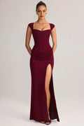 Sheath Square Neck Cap Sleeve Open Back Floor Length Ruffled Prom Dresses with Slit
