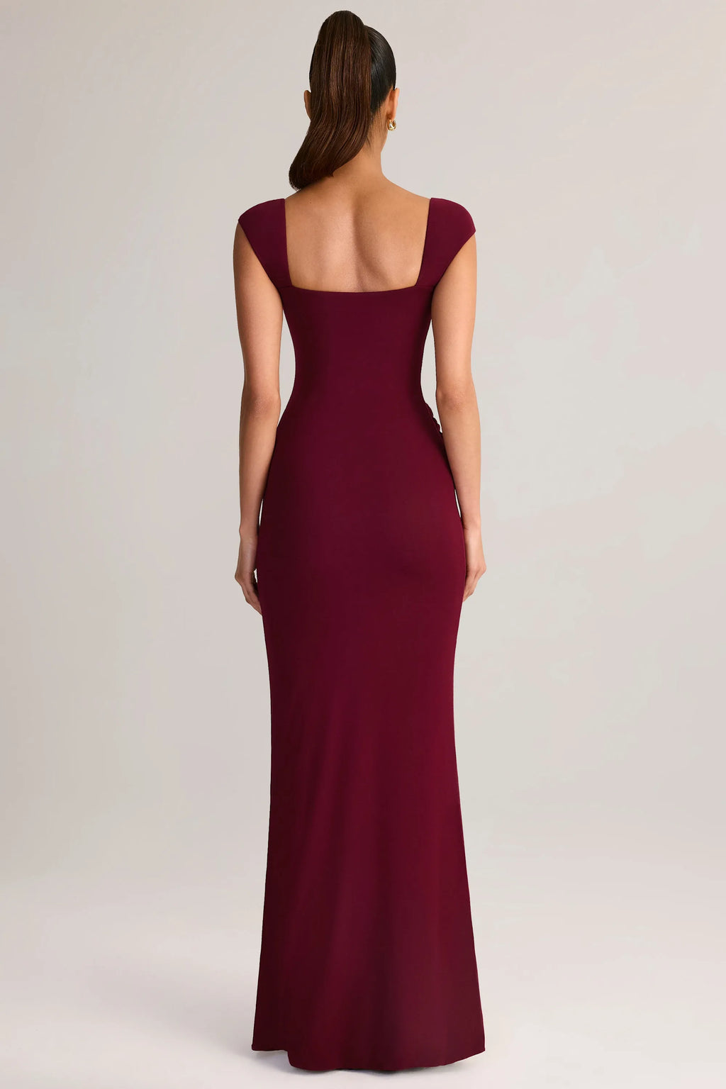 Sheath Square Neck Cap Sleeve Open Back Floor Length Ruffled Prom Dresses with Slit