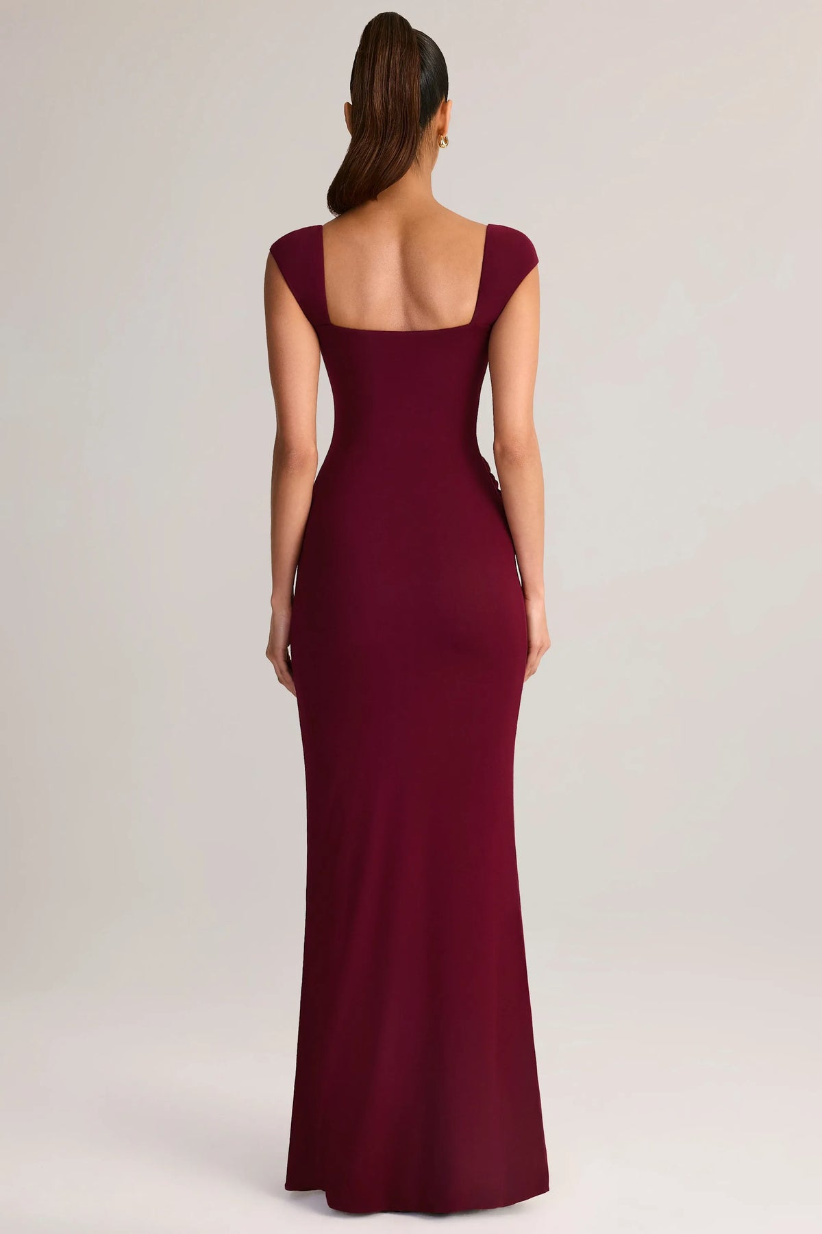 Sheath Square Neck Cap Sleeve Open Back Floor Length Ruffled Prom Dresses with Slit