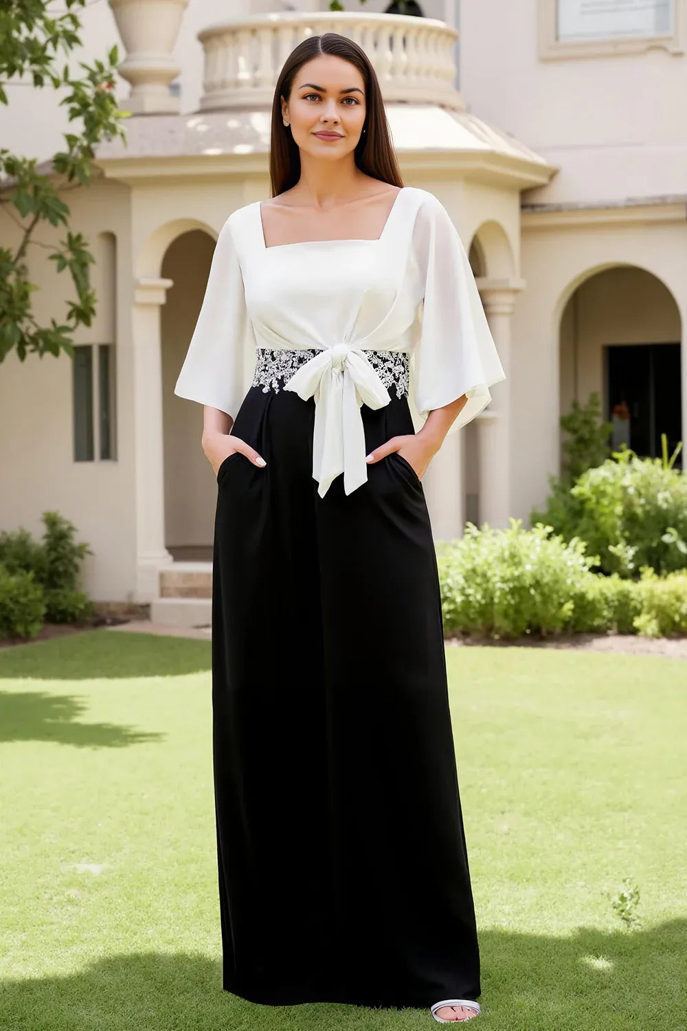 Refined Elegant Black Sheath Square Neck Floor-Length Mother of the Bride Dress