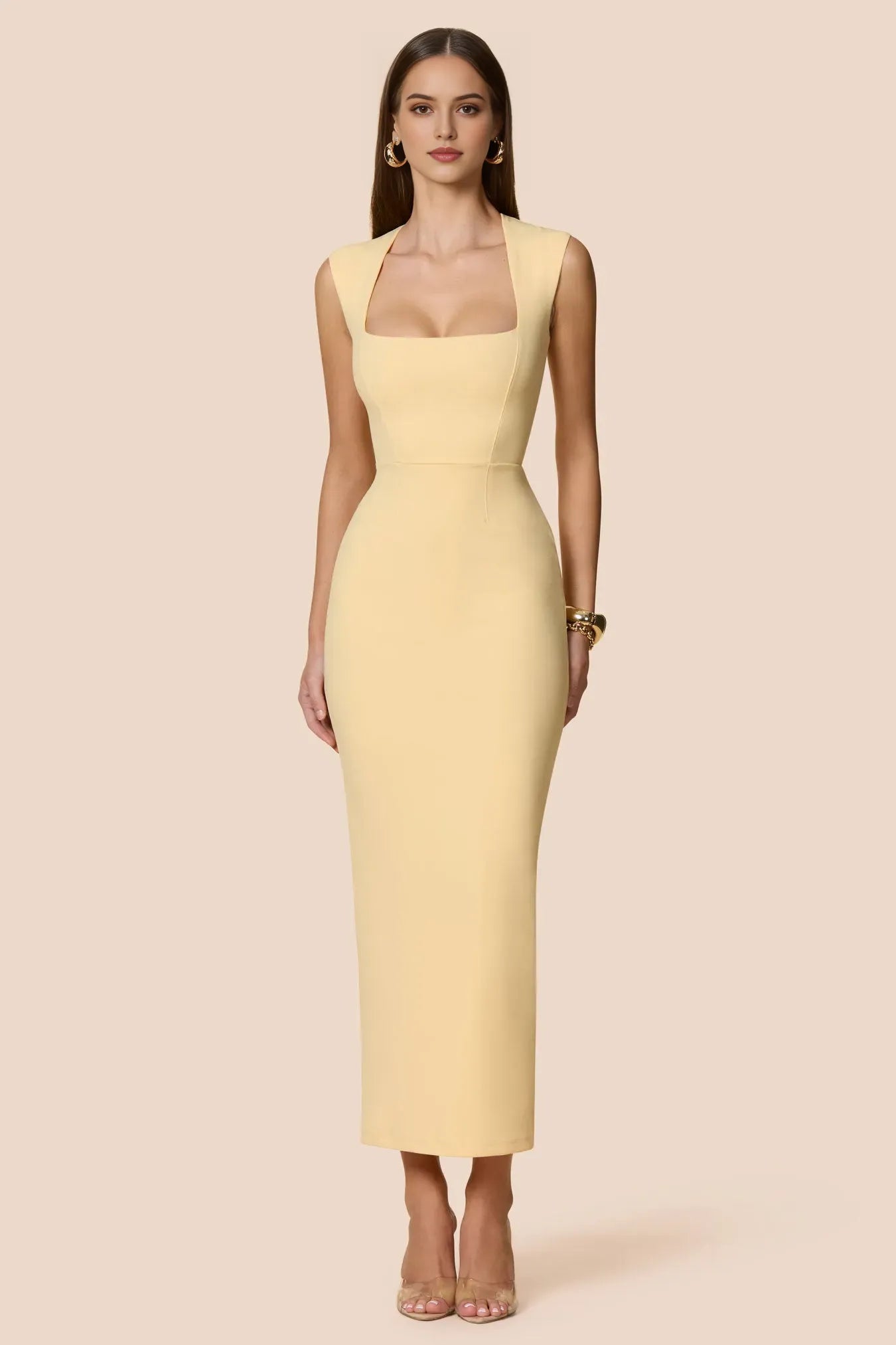 Sheath Square Neck Sleeveless Back Midi Length Prom Dresses with Slit