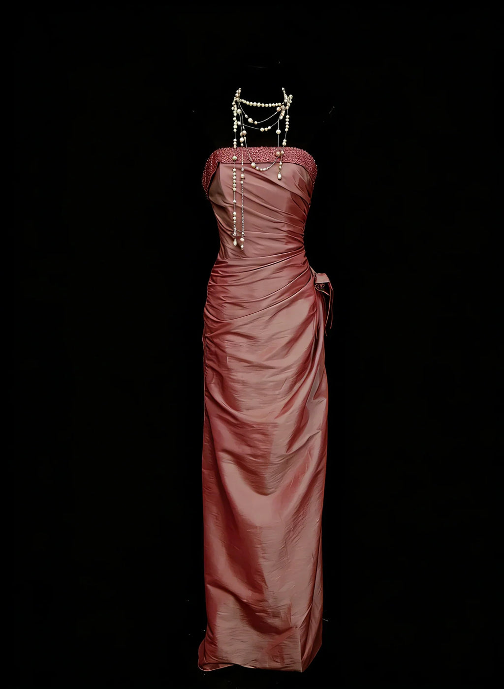 Sheath Strapless Beaded Dusty Rose Maxi Prom Dress