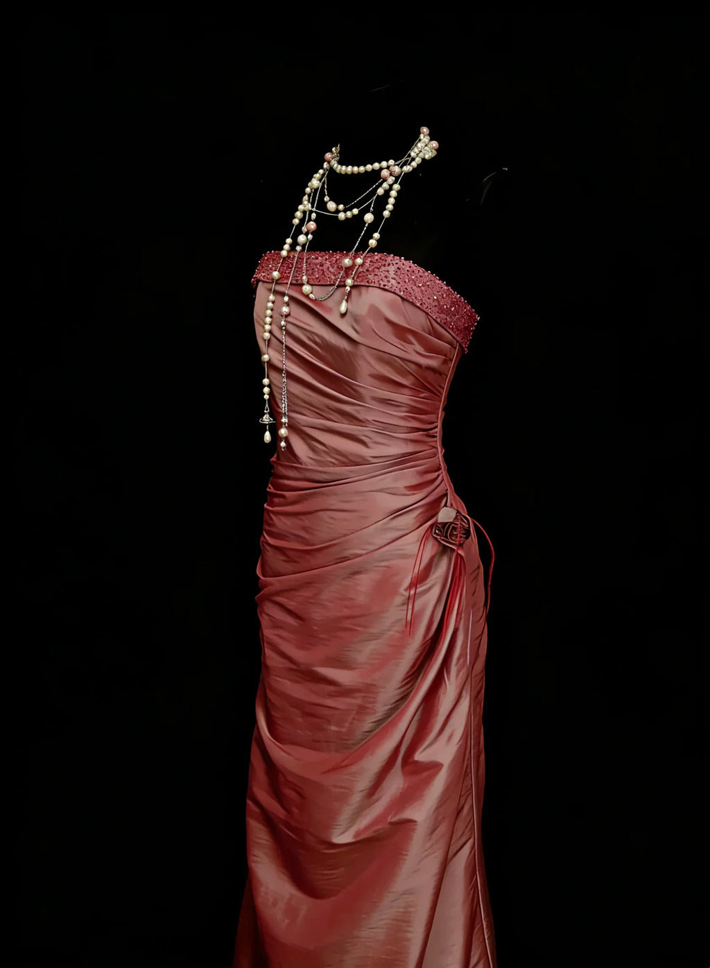 Sheath Strapless Beaded Dusty Rose Maxi Prom Dress