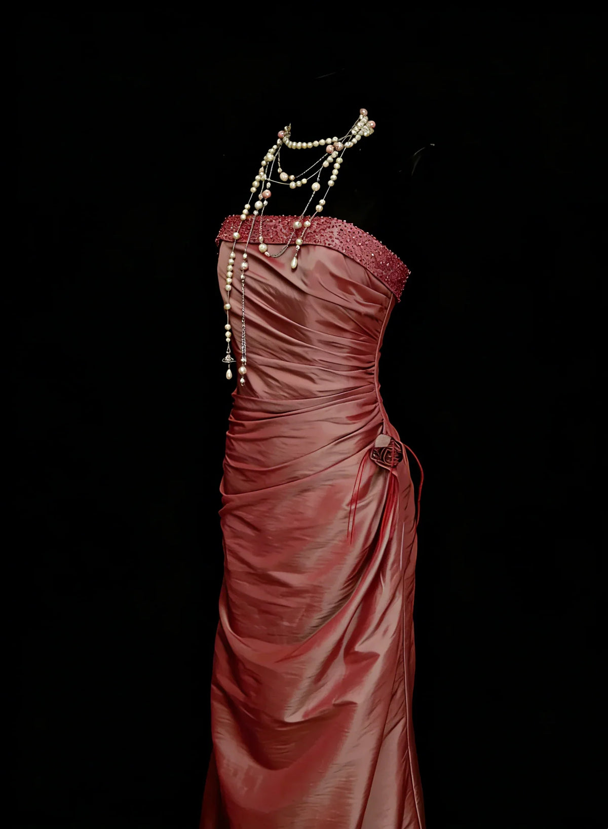 Sheath Strapless Beaded Dusty Rose Maxi Prom Dress