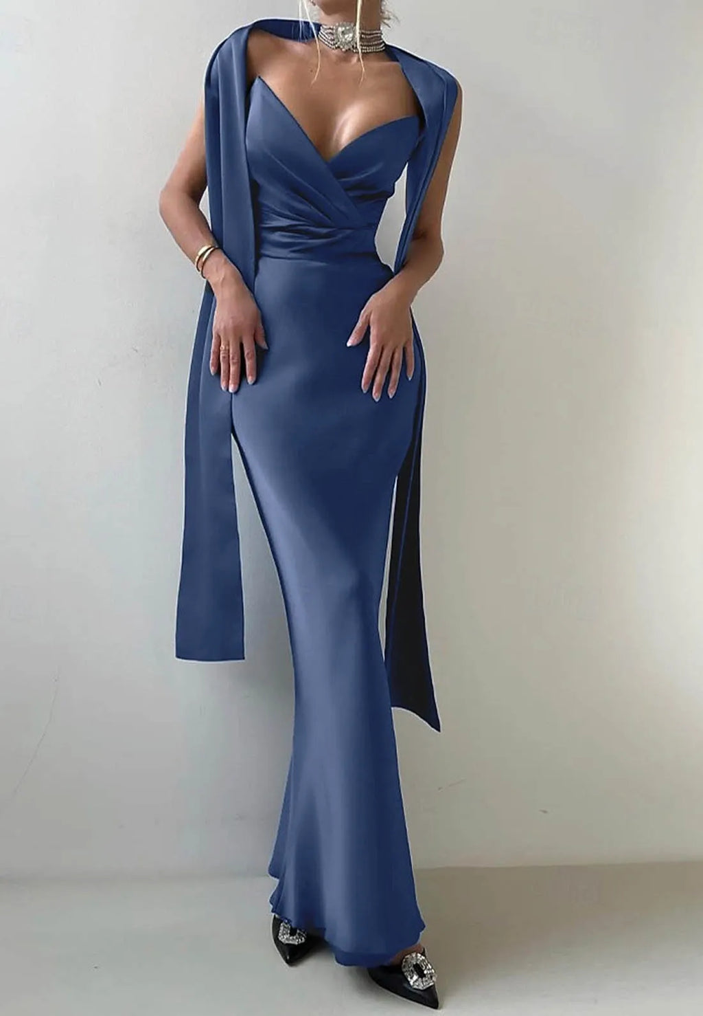 Navy Blue Sheath Strapless Evening Dress With Scarf Custom