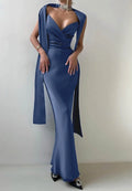 Navy Blue Sheath Strapless Evening Dress With Scarf Custom